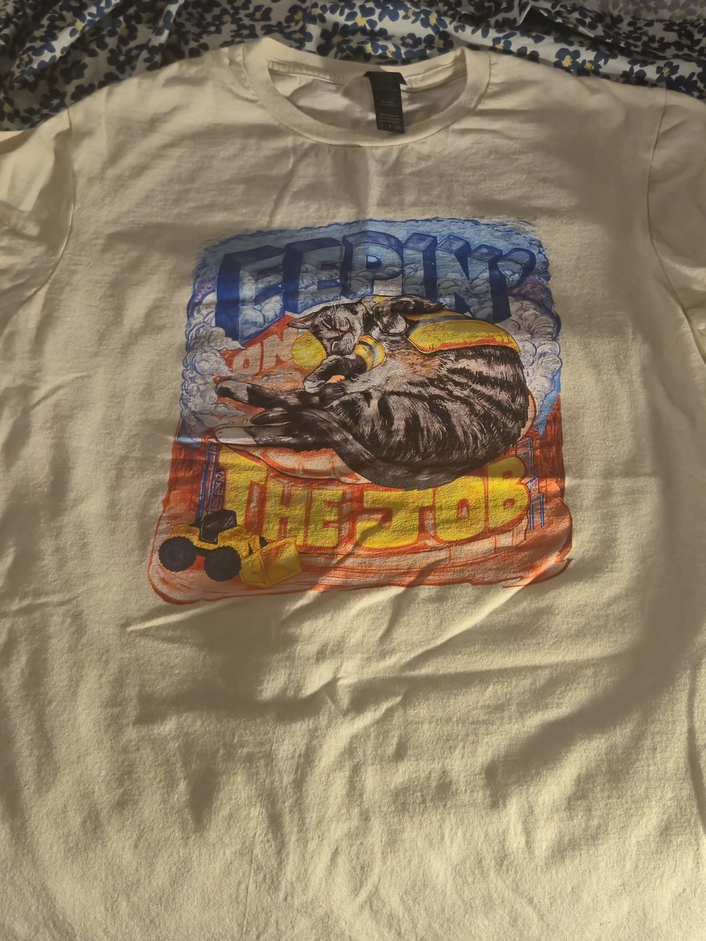 White Tee with Colorful Sleeping Tabby Cat Graphic Size Small